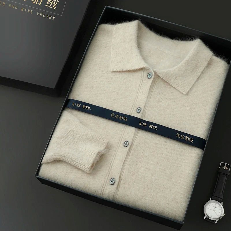 Maillard Polo-Kragen-Pullover für Herren, Herbst/Winter 2024, lässige Business-Männer, 100 % reiner Nerz-Kaschmir-Strickjacke, große Strickjacke