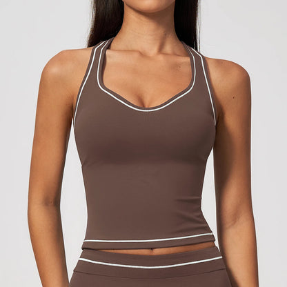 Yoga-Top für Damen, dunkelbraun mit weißer Kontrastpaspel und breiten Trägern