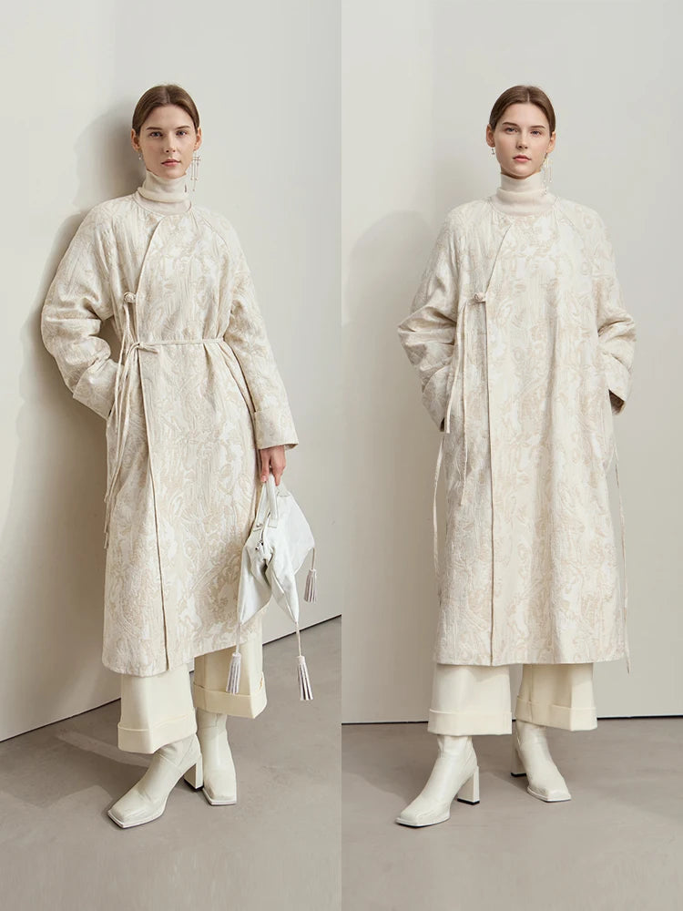 Damen Parka aus Baumwoll-Leinen-Mischung mit knopfverzierter Justierbarer Taille