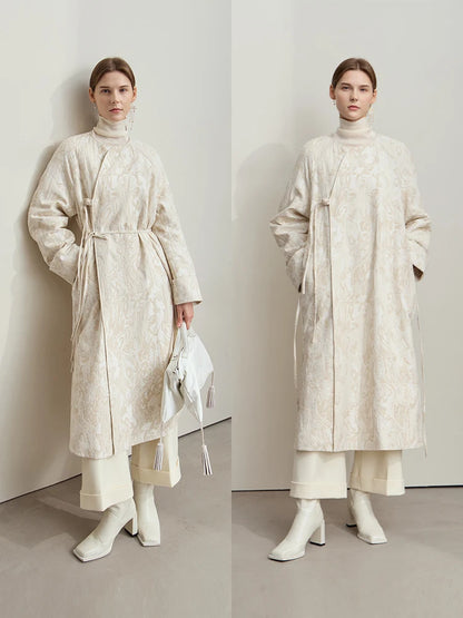 Damen Parka aus Baumwoll-Leinen-Mischung mit knopfverzierter Justierbarer Taille