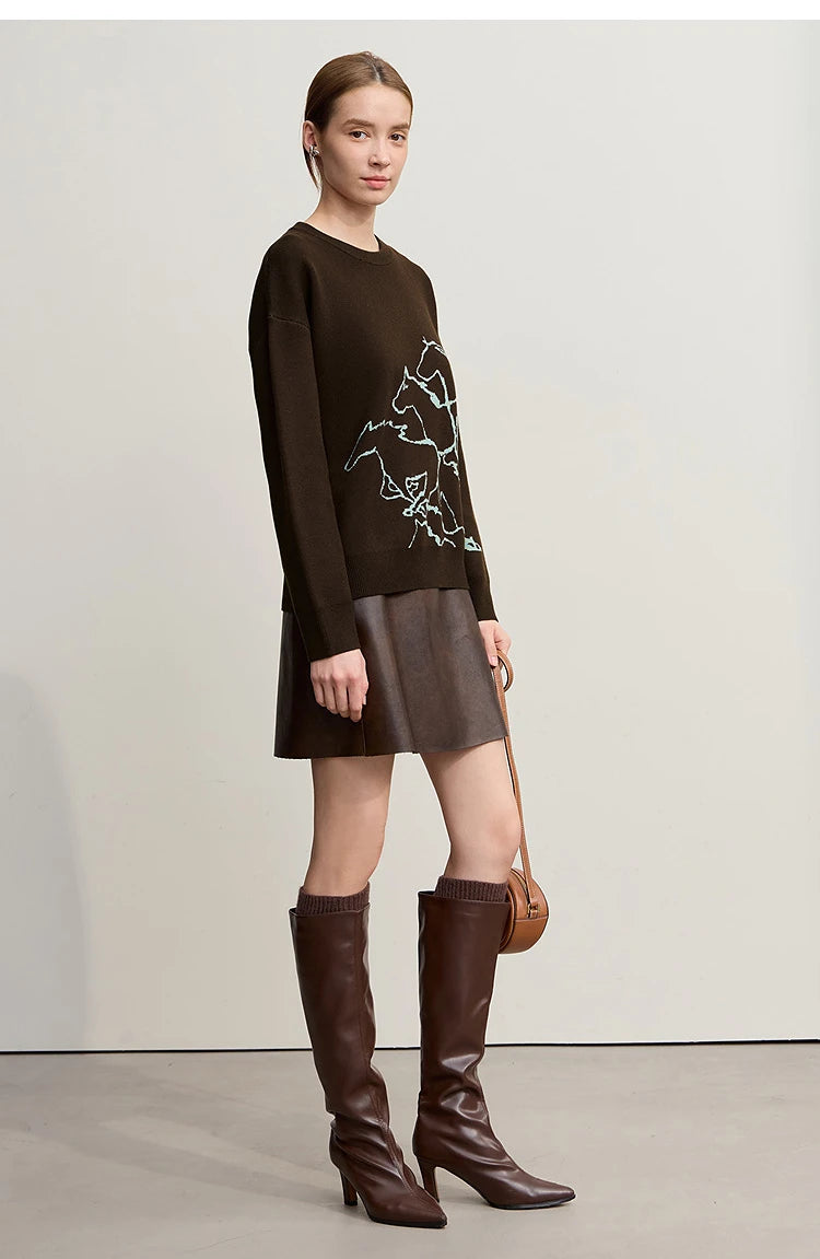 Damen-Rundhalspullover Tier-Jacquard locker Langarm Winter