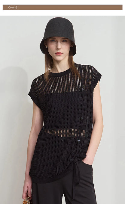 Damen-Strickpullover in Schwarz mit kurzen Ärmeln, Knopfleiste und Bindefront