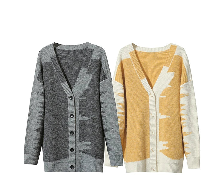 Damen V-Ausschnitt Cardigan lang Patchwork Wolle-Mix Winter