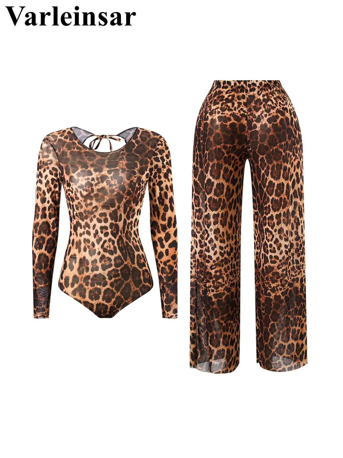 Damen Badeanzug Langarm Leopardenmuster mit Hose Einteiler gepolstert