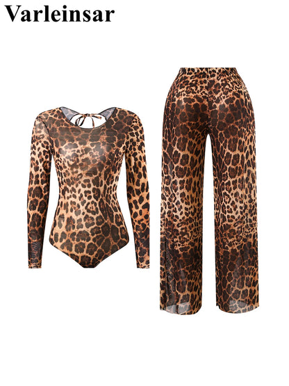 Damen Badeanzug Langarm Leopardenmuster mit Hose Einteiler gepolstert