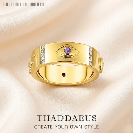 Damen-Ring kosmische Motive golden Talisman aus Sterlingsilber