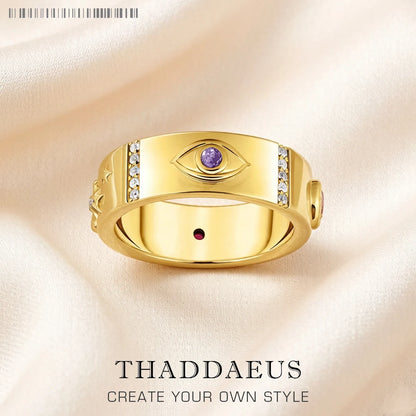Damen-Ring kosmische Motive golden Talisman II aus Sterlingsilber