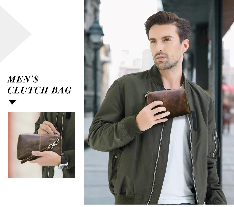 Braune Herren-Leder-Clutch mit Metallverschluss und Reißverschluss