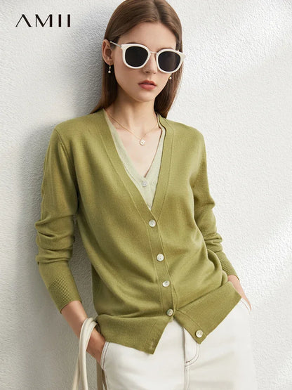 Damen-Strickjacke V-Ausschnitt dünn locker Patchwork Sommer