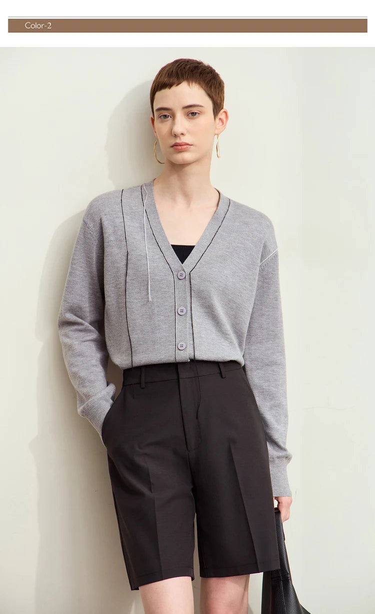 Damen-Strickjacke V-Ausschnitt Patchwork Raglan Wolle-Mix Herbst