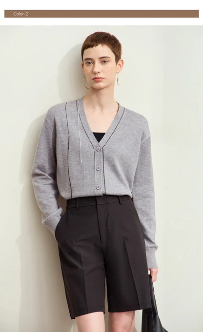 Damen-Strickjacke V-Ausschnitt Patchwork Raglan Wolle-Mix Herbst