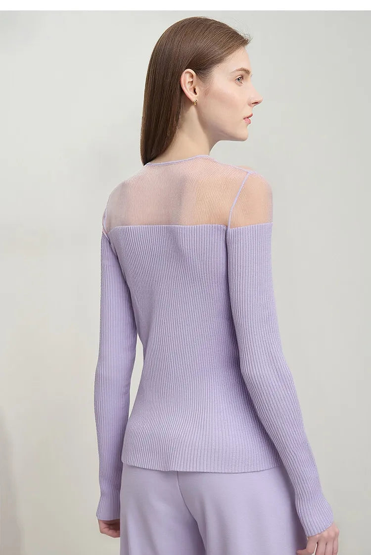 Damen V-Ausschnitt Pullover Viskose Mesh Organza Slim Frühling