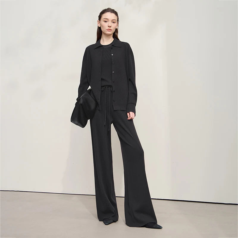 Damen-Strickjacke lang Seide-Wolle Umlegekragen locker Herbst