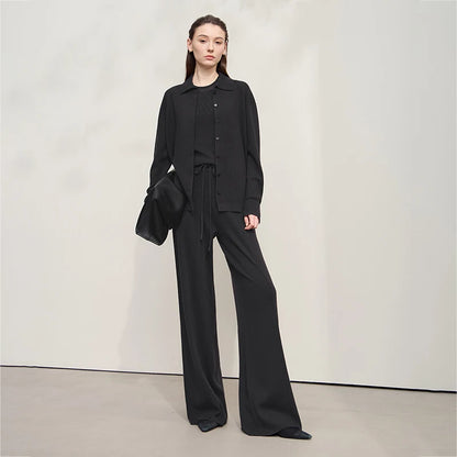 Damen-Strickjacke lang Seide-Wolle Umlegekragen locker Herbst
