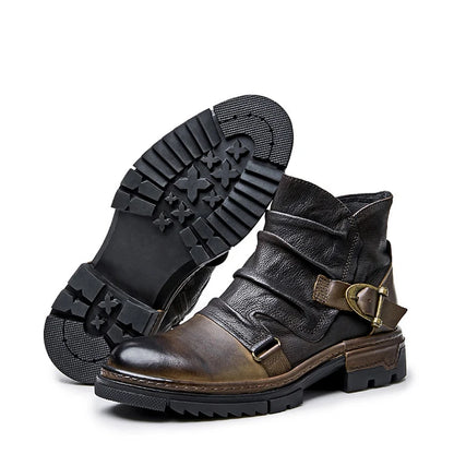 Motorrad-Hochstiefeletten aus Lederoptik, Schnallenriemen, profilierte Sohle, braun