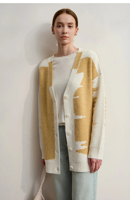 Damen V-Ausschnitt Cardigan lang Patchwork Wolle-Mix Winter