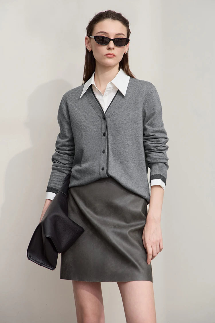 Damen-Strickjacke V-Ausschnitt koreanisch Fake-Zweiteilig Wolle locker Herbst
