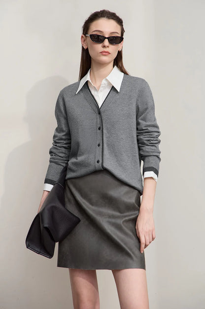 Damen-Strickjacke V-Ausschnitt koreanisch Fake-Zweiteilig Wolle locker Herbst