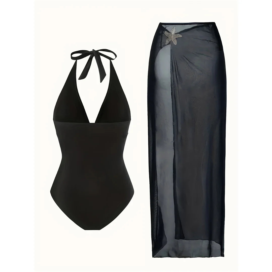 Damen Badeanzug Rock tiefer V-Ausschnitt Neckholder Seestern gepolstert Einteiler