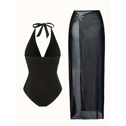 Damen Badeanzug Rock tiefer V-Ausschnitt Neckholder Seestern gepolstert Einteiler