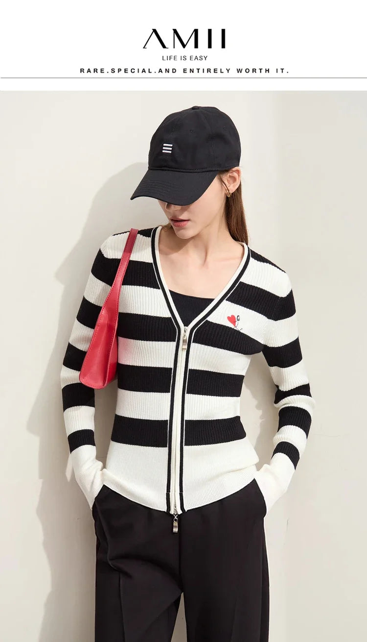 Damen-Strickjacke Kaschmir-Wolle Slim Streifen Reißverschluss Herbst