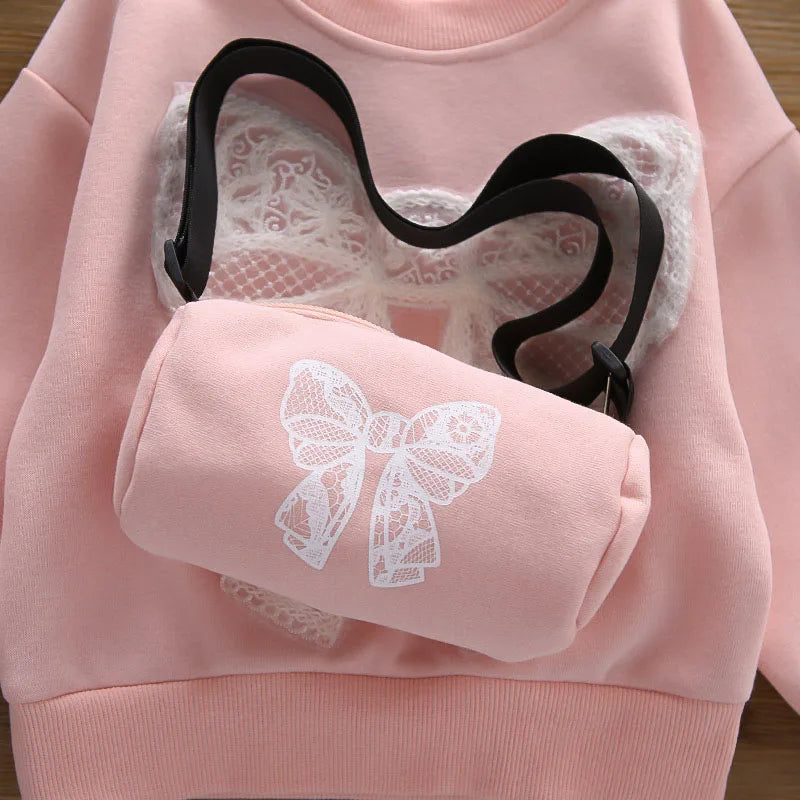 Mädchen Hoodie Set mit Bogen und breiten Beinhosen für Herbst 1-6 Jahre