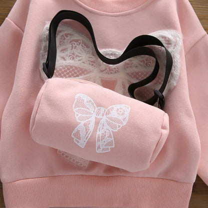 Mädchen Hoodie Set mit Bogen und breiten Beinhosen für Herbst 1-6 Jahre