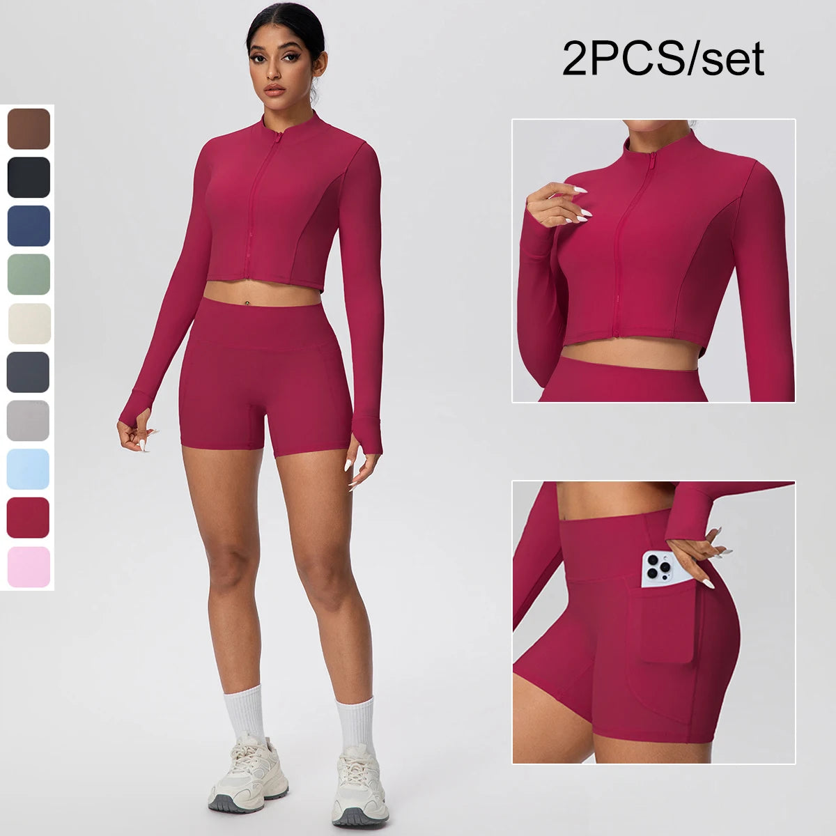 Zweiteiliges Yoga-Set mit Reißverschluss, bordeauxrotes Langarm-Crop-Top und Shorts
