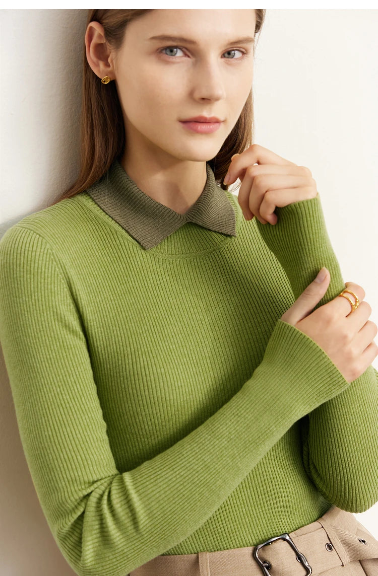 Limettengrüner Strickpullover mit Umlegekragen und langen Ärmeln