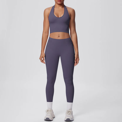 Hamidou Yoga-Set für Frauen in Dunkellila: Sport-BH und Leggings mit hellem Saum