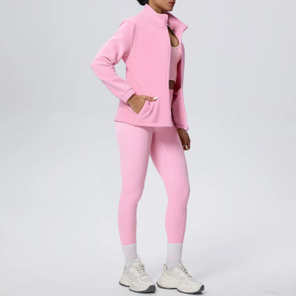 Damen-Yoga-Set mit Zip-Jacke und Push-up Leggings, rosafarben