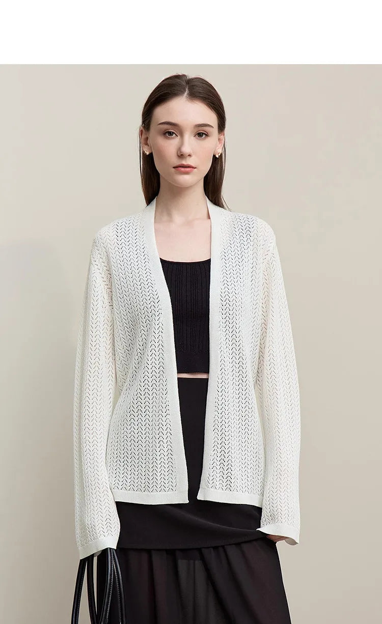 Damen-Strickjacke Lyocell V-Ausschnitt Glockenärmel Gürtel locker Frühling