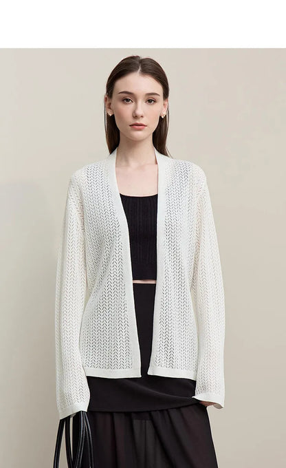 Damen-Strickjacke Lyocell V-Ausschnitt Glockenärmel Gürtel locker Frühling