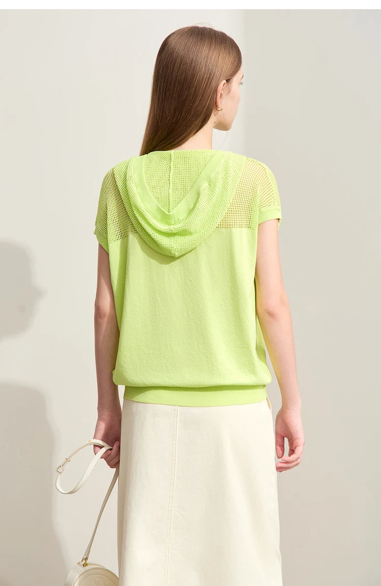 Damen-Kapuzenpullover Viskose Kurzarm locker Patchwork Sommer
