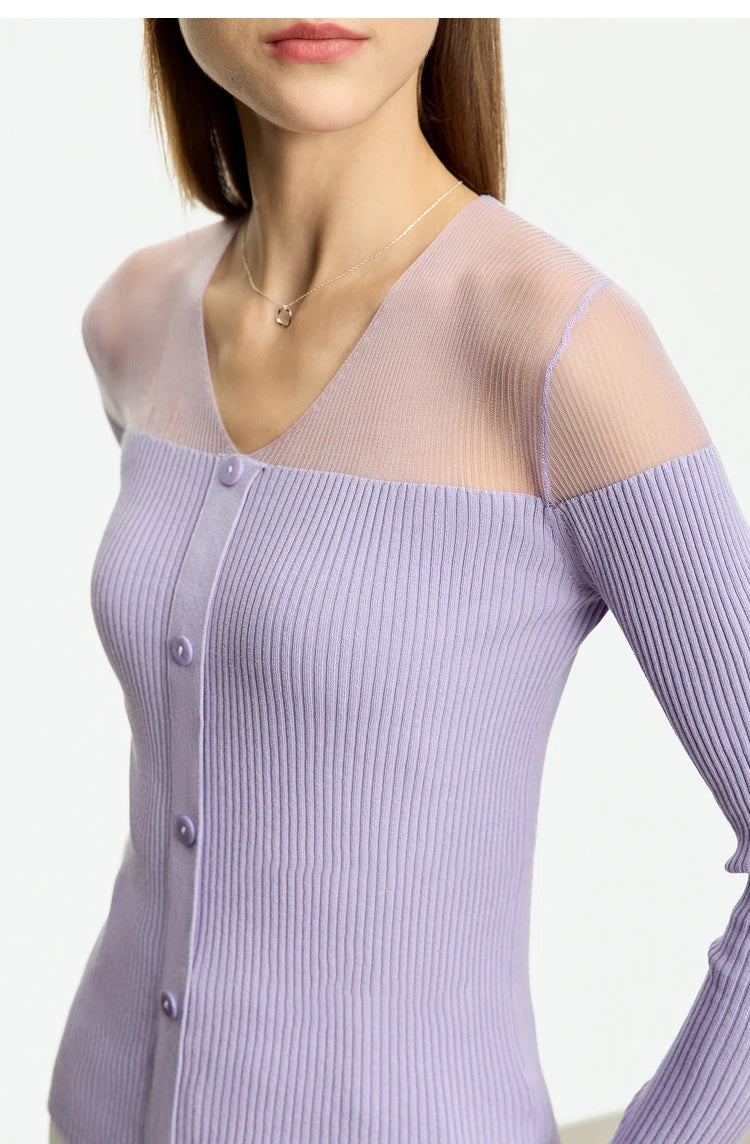 Damen-Pullover mit V-Ausschnitt, Knopfleiste und langen Ärmeln, lila Strick mit Transparenz