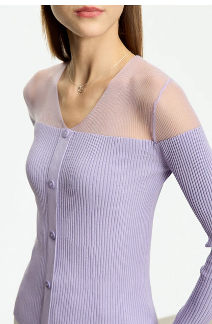 Damen-Pullover mit V-Ausschnitt, Knopfleiste und langen Ärmeln, lila Strick mit Transparenz