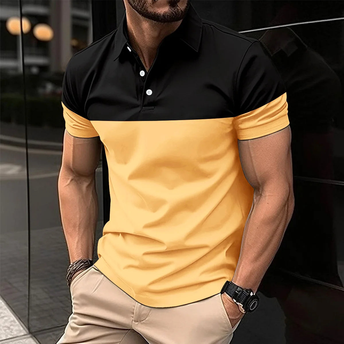 Lässiges Herren-Poloshirt mit digitalem Farbpatch-Druck und Reißverschluss am Kragen – ideal für den Sommer.