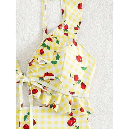 Damen Badeanzug Kirschen Karo Cut-Out Rüschen hoher Beinausschnitt Monokini