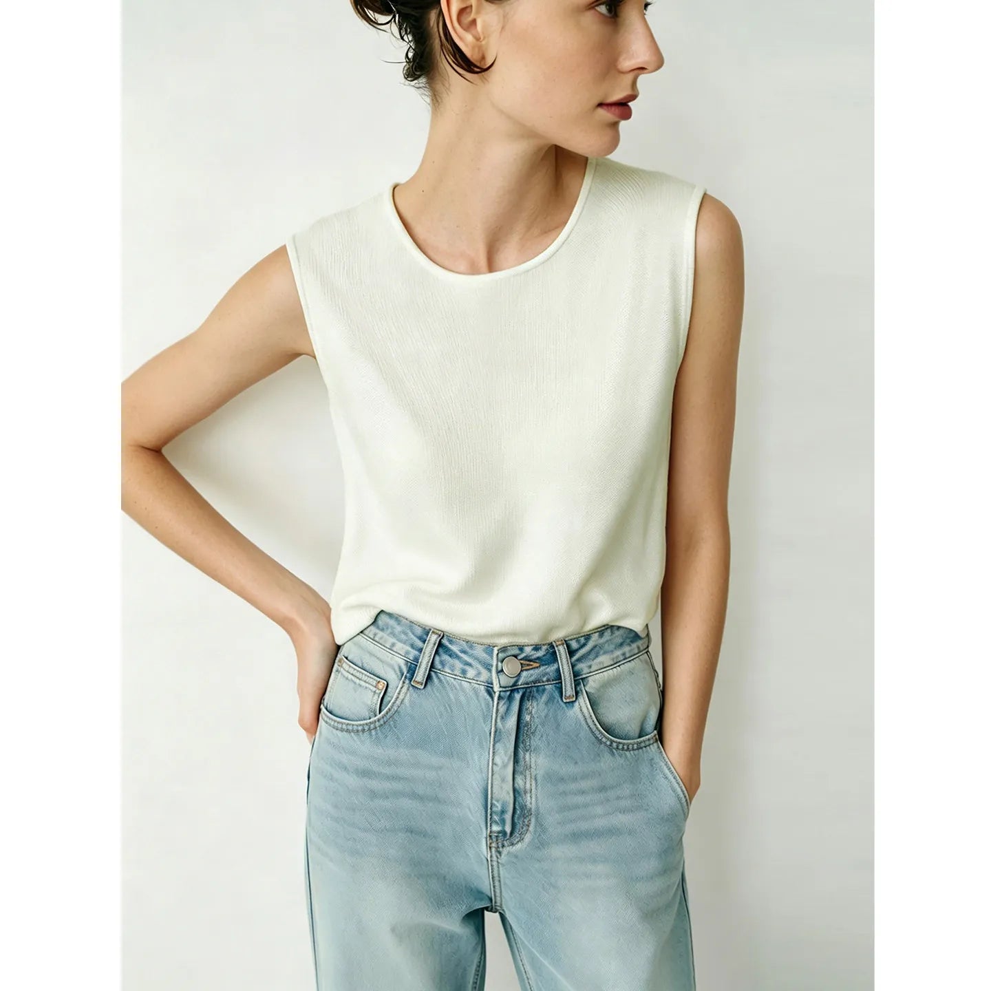 Damen-Rundhalspullover ärmellos Drapierung Cut-Out Lyocell Sommer