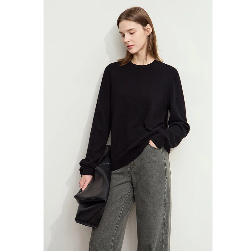 Damen-Rundhalspullover Wolle-Kaschmir nahtlos Streetwear Herbst-Winter