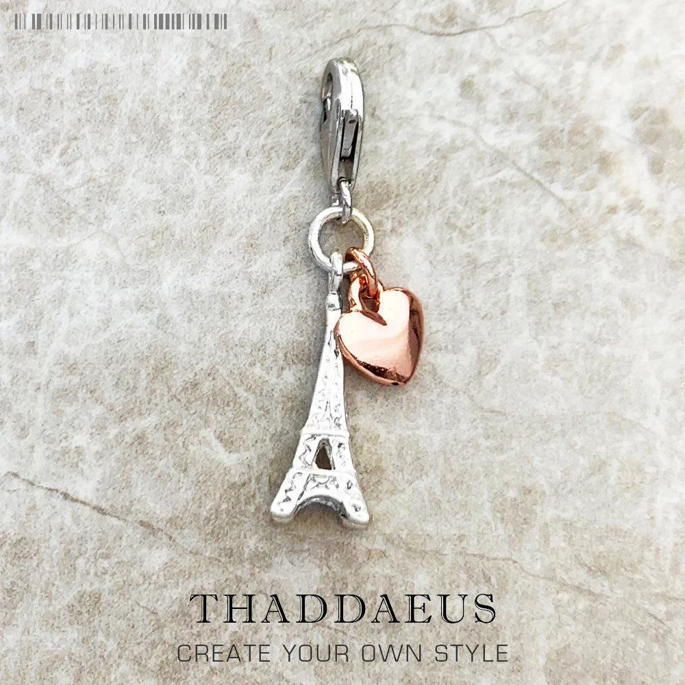 Silberner Eiffelturm-Anhänger mit roségoldenem Herz-Charms, 925 Sterling Silber