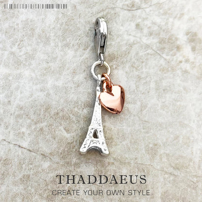 Silberner Eiffelturm-Anhänger mit roségoldenem Herz-Charms, 925 Sterling Silber