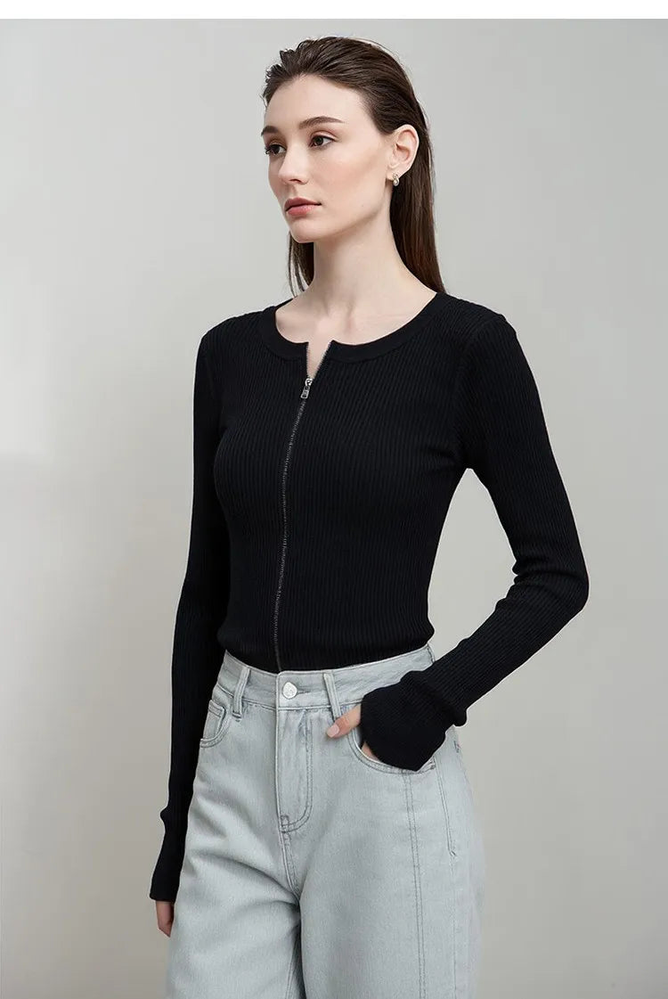 Damen-Rundhals-Cardigan Slim Doppelreißverschluss Viskose Frühling