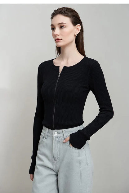 Damen-Rundhals-Cardigan Slim Doppelreißverschluss Viskose Frühling