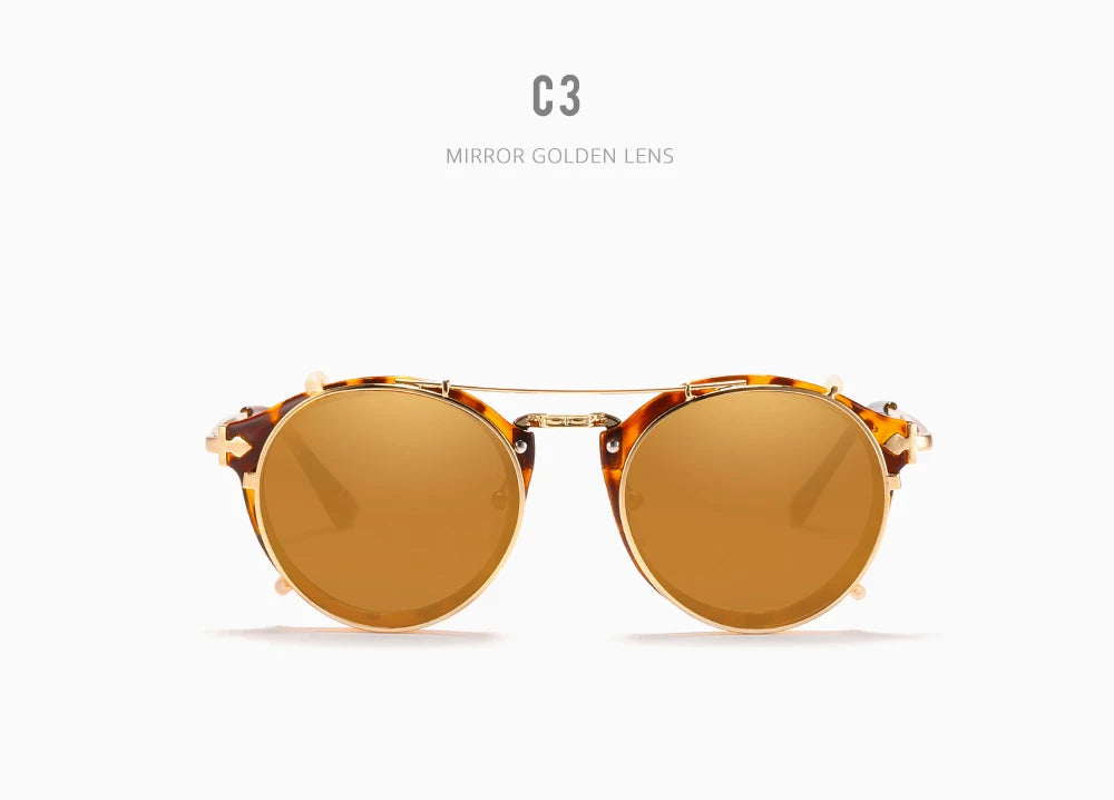 Sonnenbrille rund Steampunk Clip-On abnehmbar polarisiert Markenbox Herren
