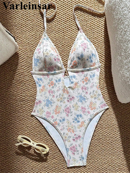 Damen Badeanzug Blumen V-Ausschnitt Neckholder Monokini hoher Beinausschnitt