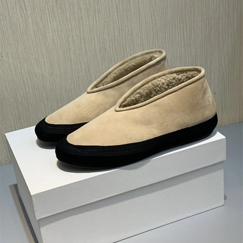 Damen Schneestiefel, flache Slip-on Boots, khakifarbenes Veloursleder mit warmem Innenfutter