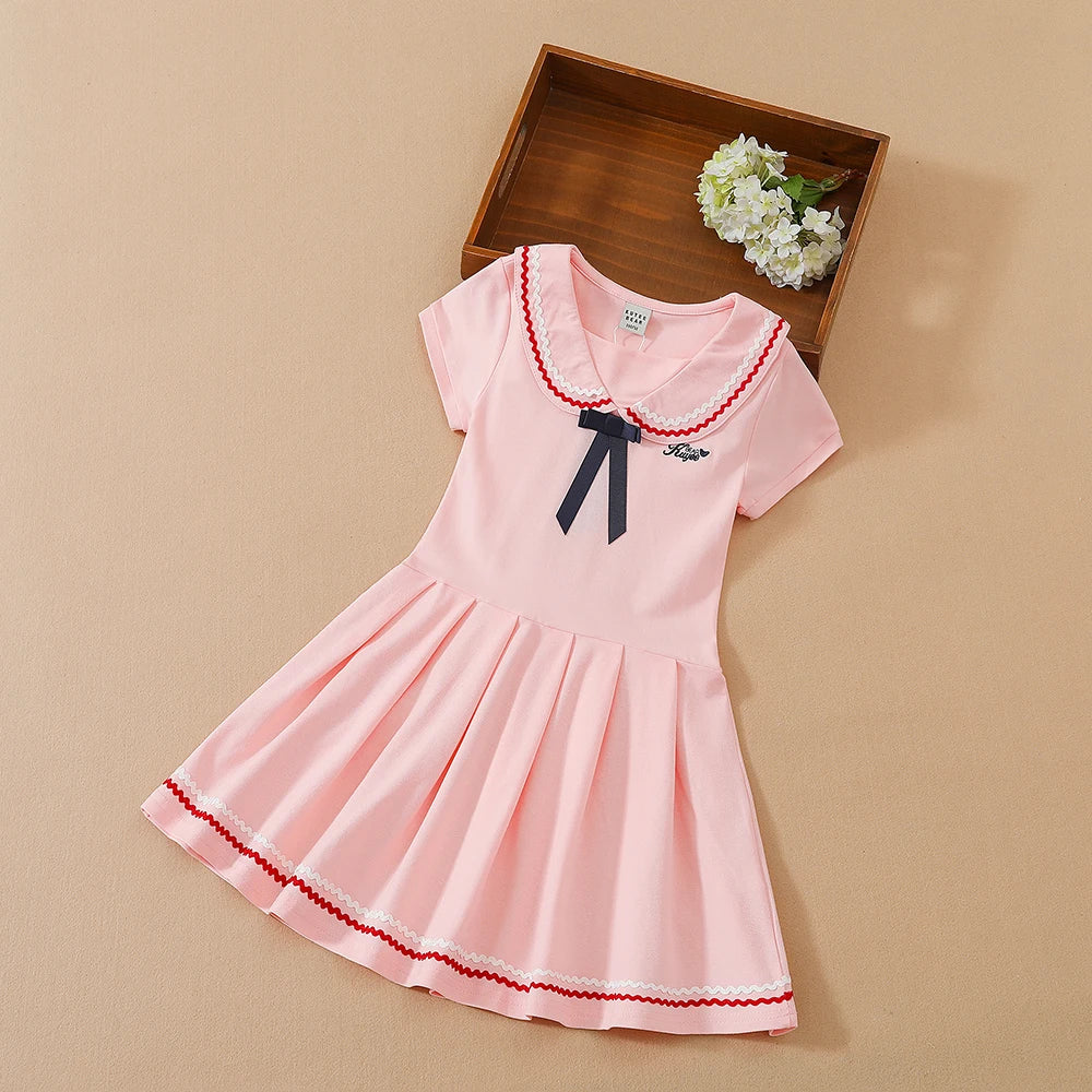 Mädchen Kleid Schuluniform Umlegekragen Kleider 5-12 Jahre Kinder Preppy Kleidung Kinder Sommer Kurze Ärmel Kleidung