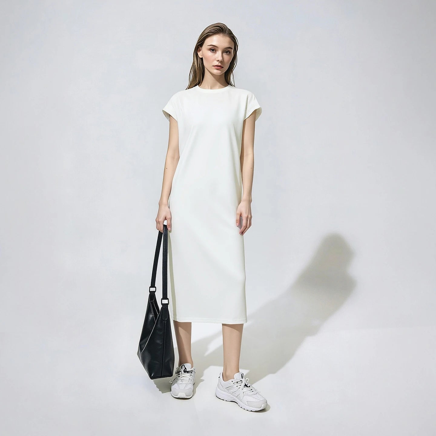 Elegantes Damen Midikleid Aus Leichtem Jersey Mit Spitze Und Schlitz