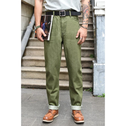 Herren Jeans in Vulkanisiertem Olivgrün mit Slim Fit und Reißverschluss